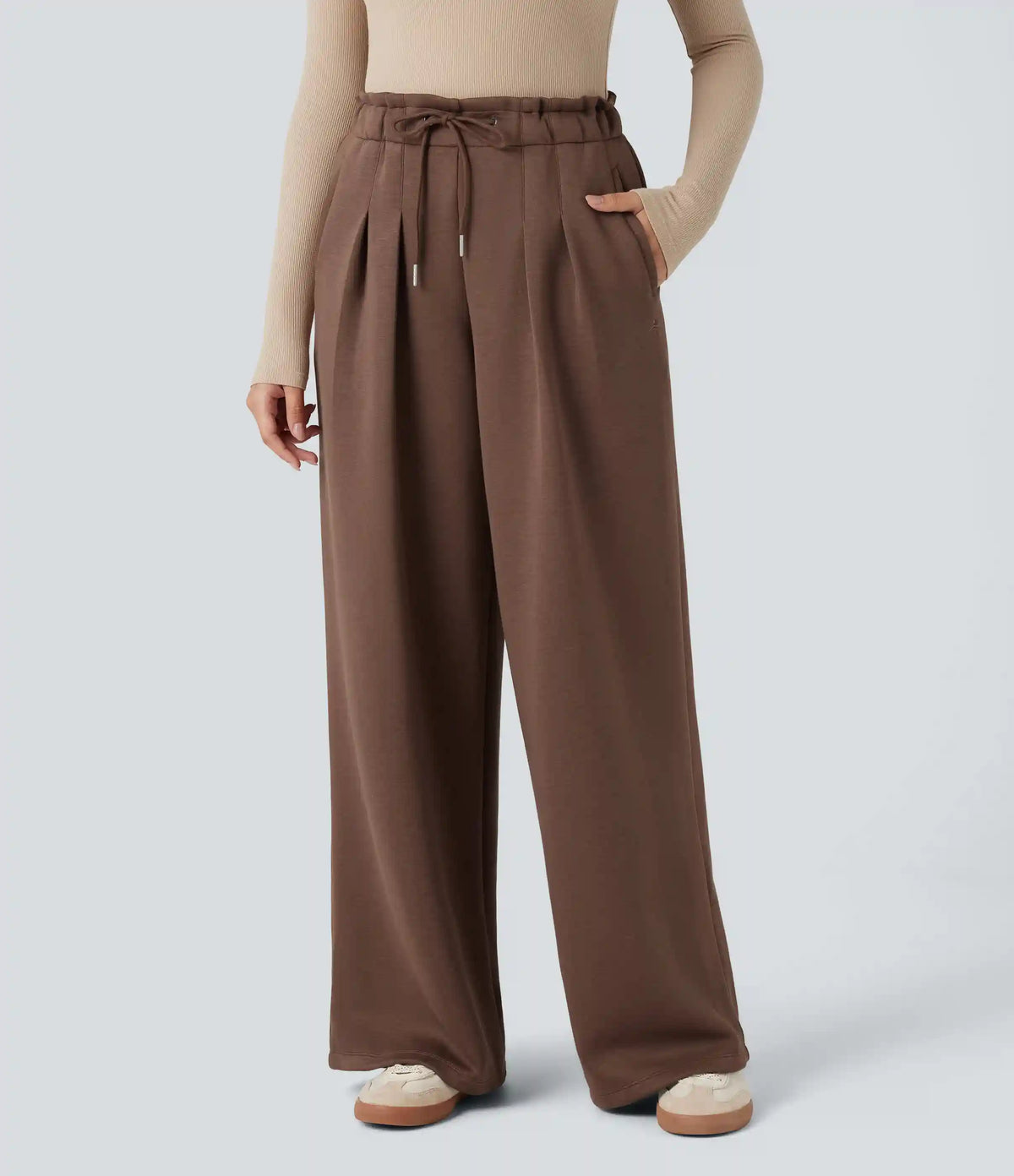 SpacerTek™ Paper Bag High Waisted Drawstring Casual Baggy Pants with Pockets