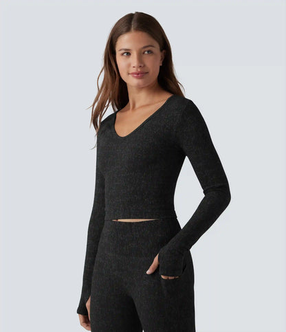 OneForm Seamless Flow V Neck Long Sleeve Thumb Hole Cropped Yoga Sports Top