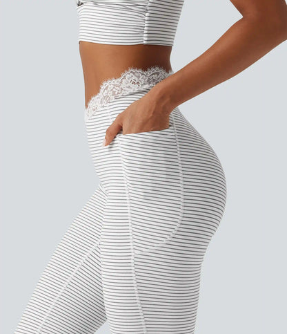 V-Shaped High Waisted Contrast Lace Stripe Yoga Flare Leggings with Pockets