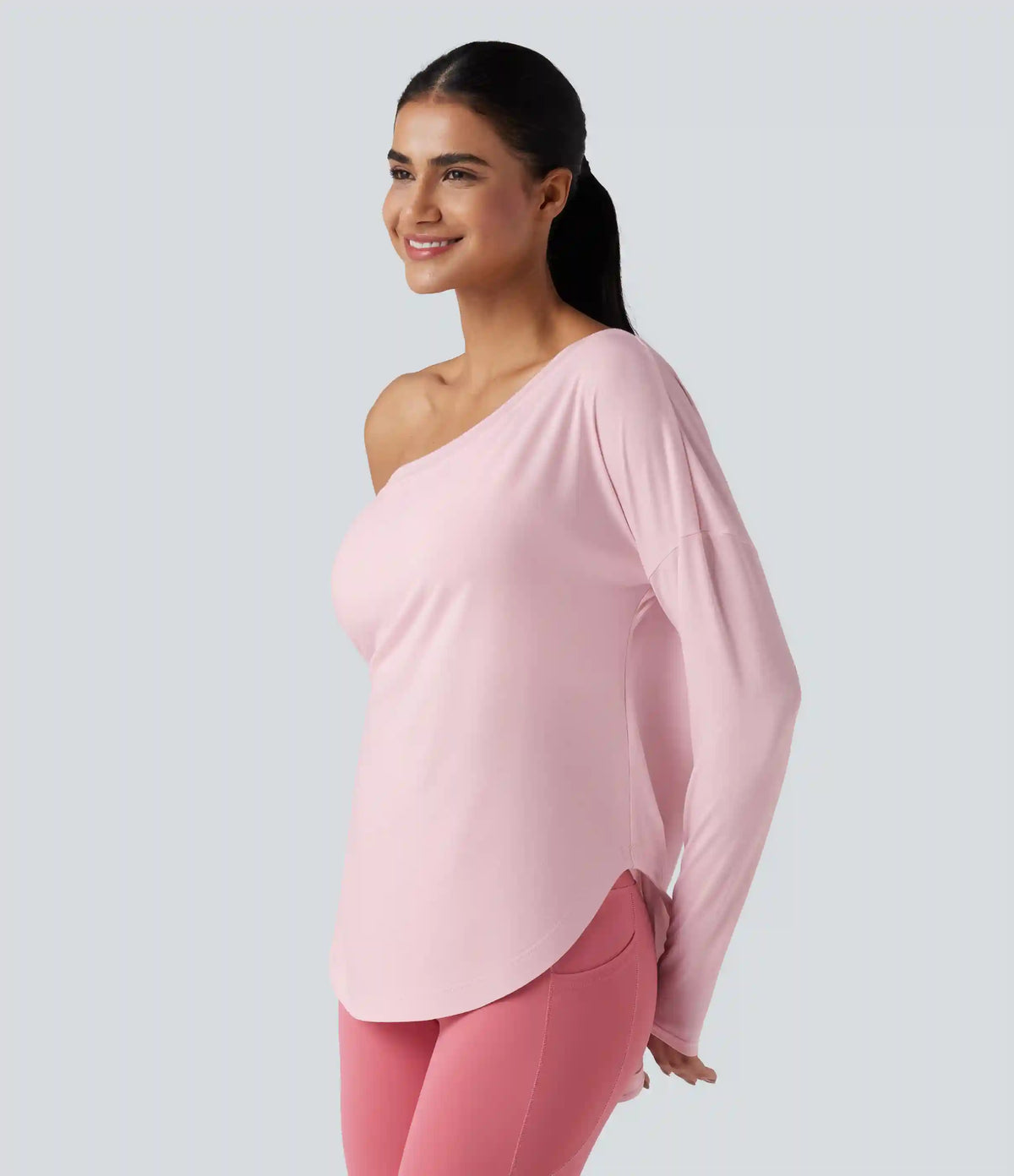One Shoulder Long Sleeve Thumb Hole Curved Hem High Low Quick Dry Yoga Sports Top-Built-in Bra