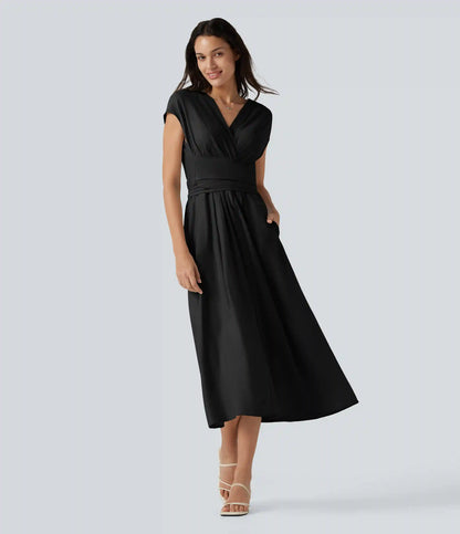 V Neck Short Sleeve Tie Back Midi Casual Linen-Blend Flowy Dress with Pockets