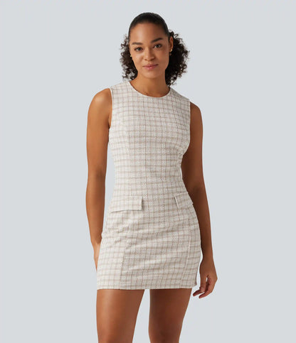 Round Neck Sleeveless Plaid Work Mini Dress
