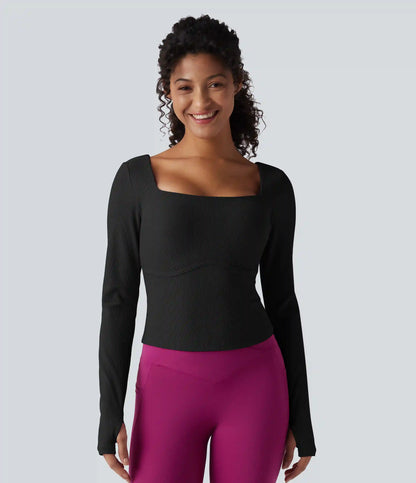Ribbed Square Neck Push-Up Long Sleeve Thumb Hole Yoga Sports Top DD-F Cups
