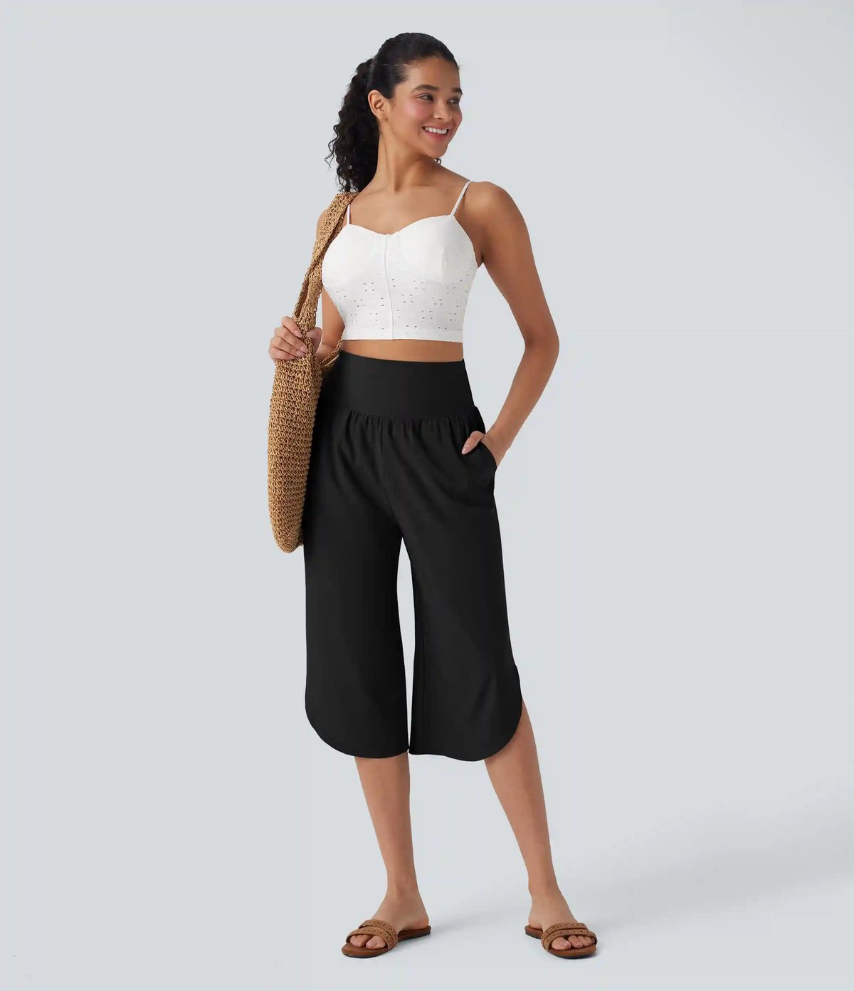 Breezeful™ High Waisted Tummy Control Hem Quick Dry Capri Pants with Pockets