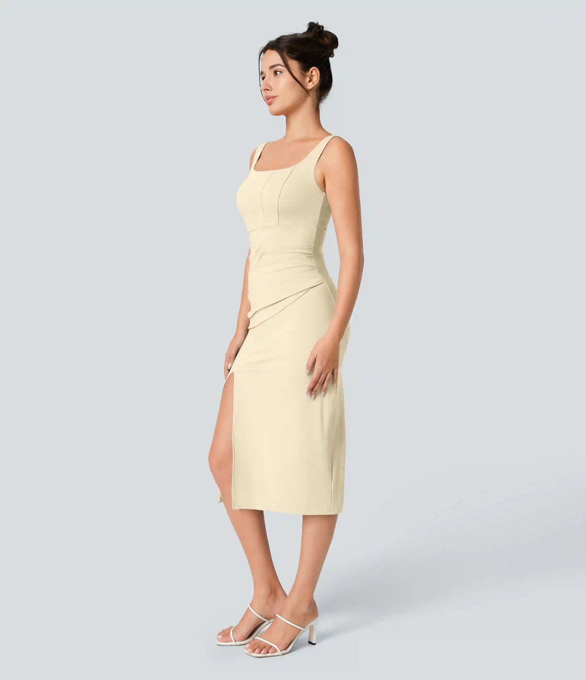 SoftlyZero™ Airy Square Neck Backless Corset Ruched Split Bodycon Midi InstantCool Bridesmaid and Wedding Guest Dress