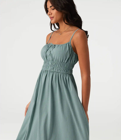 Tie Front Flowy Midi Casual Linen-Feel Slip Milkmaid Dress
