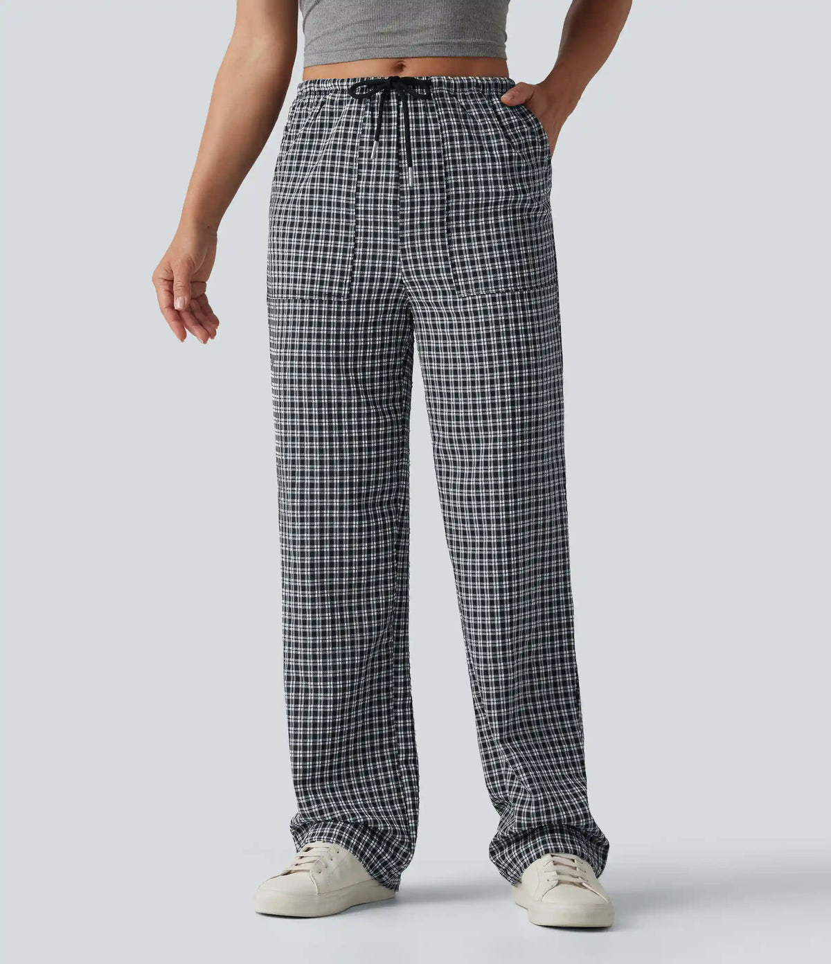 Mid Rise Drawstring Straight Leg Gingham Casual Pants with Pockets