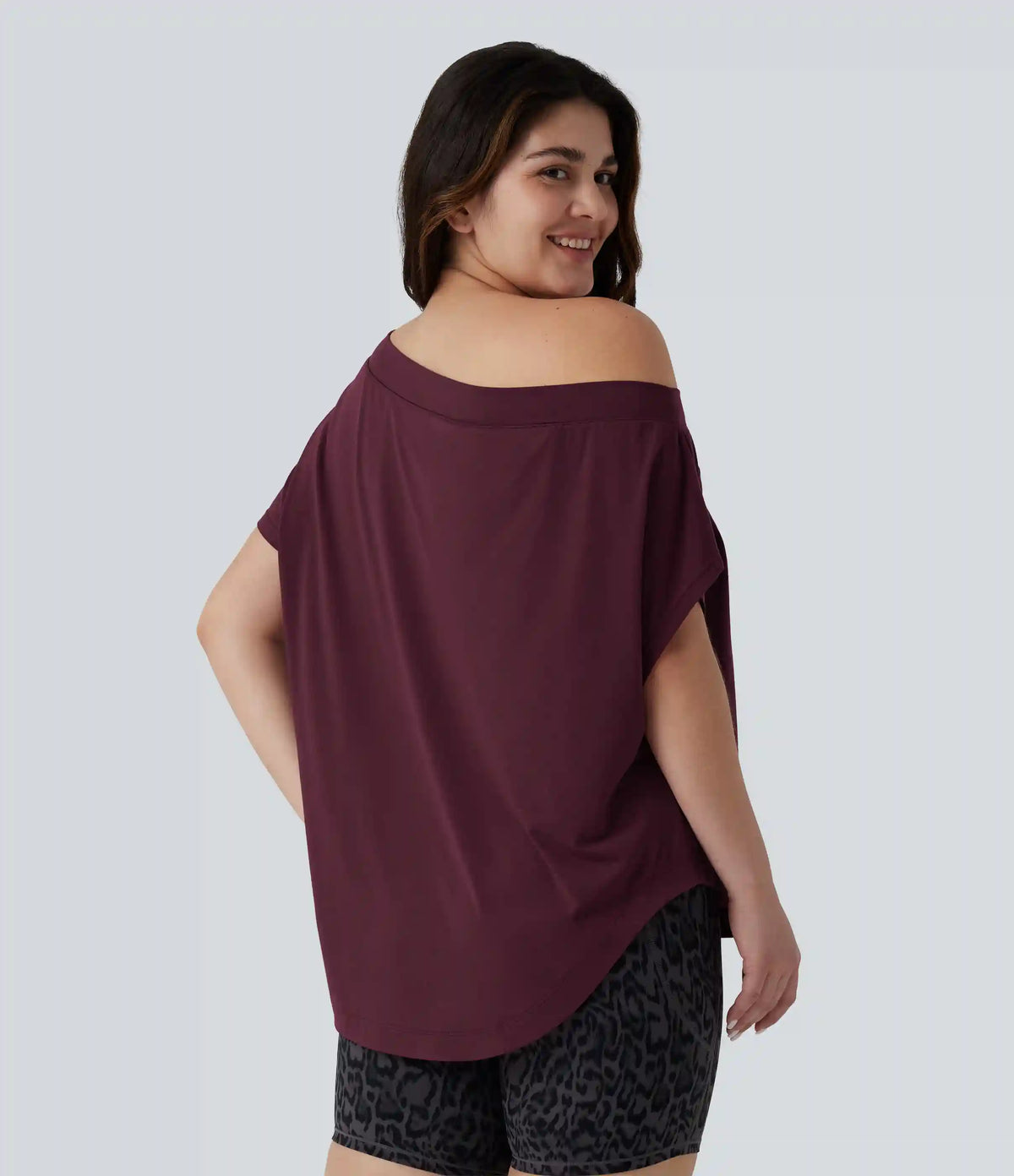 Plus Size One Shoulder Short Sleeve Curved Hem Quick Dry Yoga Sports Top with Built-in Bra