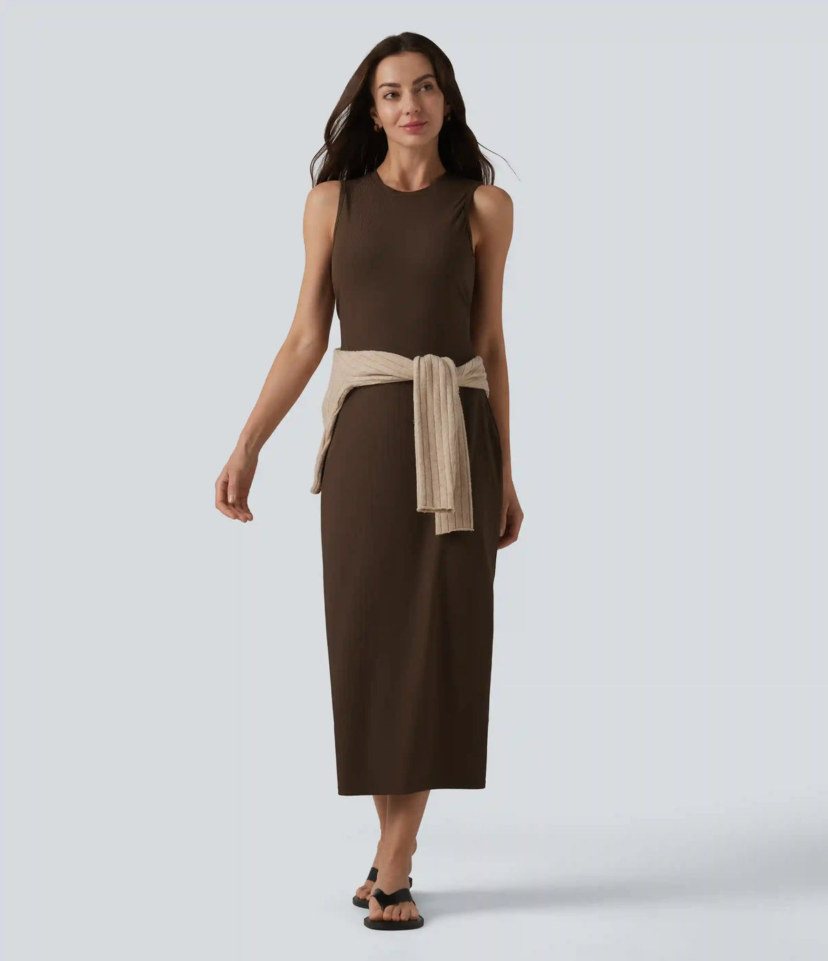 Ribbed Round Neck Sleeveless Built-in Bra Bodycon Midi Casual Dress