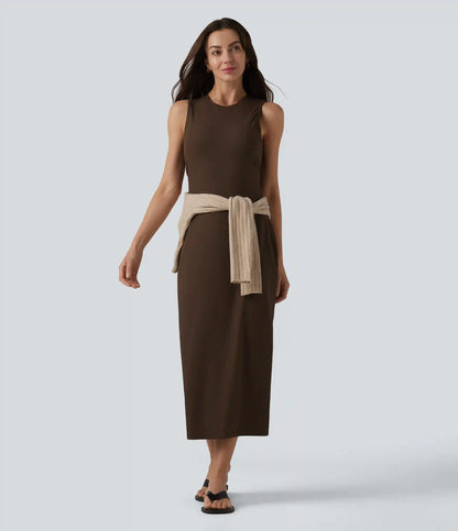 Ribbed Round Neck Sleeveless Built-in Bra Bodycon Midi Casual Dress