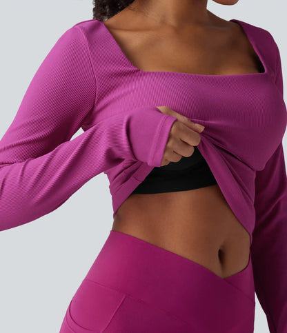 Ribbed Square Neck Push-Up Long Sleeve Thumb Hole Yoga Sports Top DD-F Cups