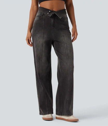 Halara Flex™ Foldover High Waisted Straight Leg Casual Jeans with Pockets
