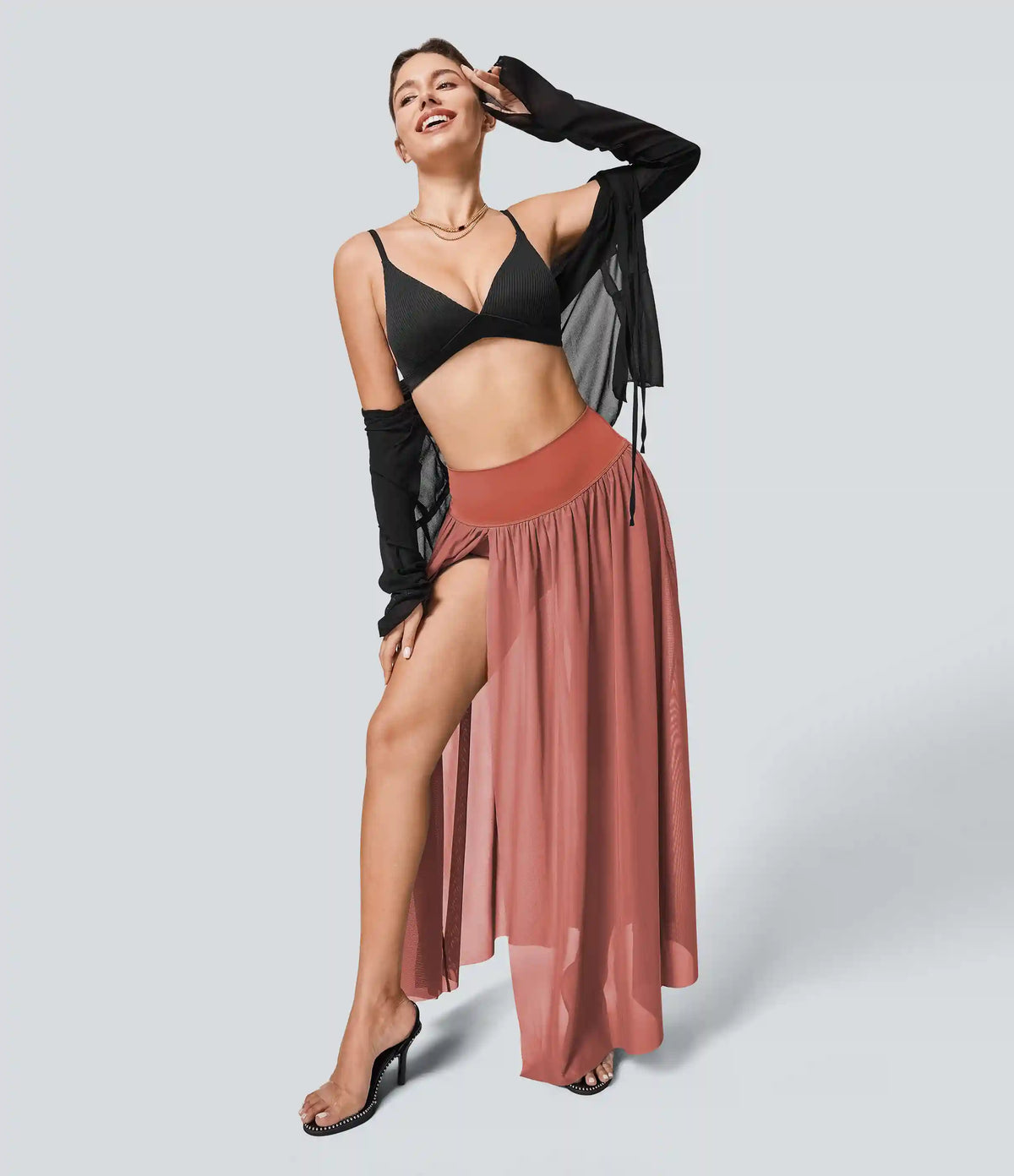 High Waisted 2-in-1 Mesh Flowy Maxi Casual Skirt