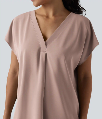 Wrinkle Recovery V-neck Short Sleeve Oversized Work Blouse