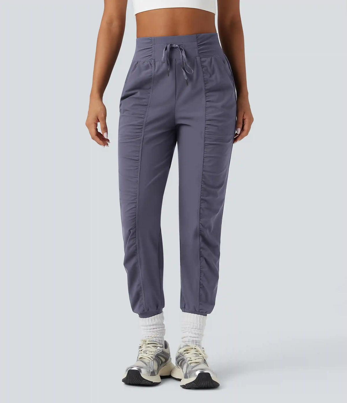 High Waisted Drawstring Ruched Tapered Quick Dry Cool Touch Dance Joggers with Pockets-UPF40+