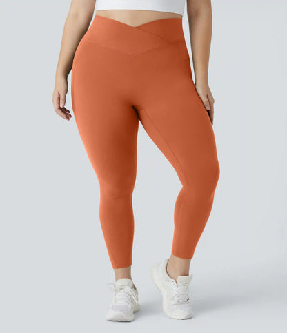 SoftlyZero™ High Waisted Crossover Pocket Plain Plus Size Full Length Leggings