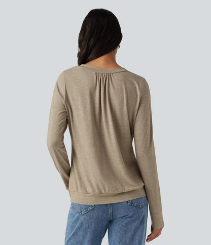 V Neck Ruched Long Sleeve Casual Top