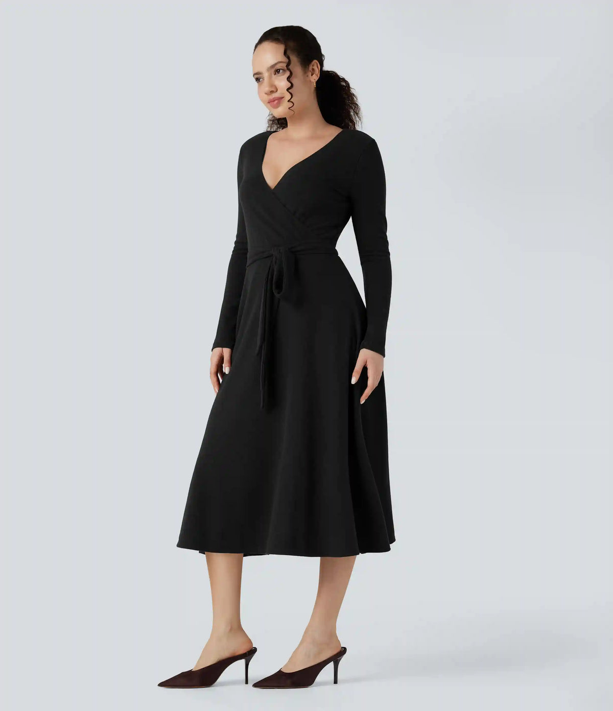 Ribbed Knit V-neck Long Sleeve Belted Midi Work Flowy Dress