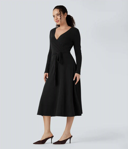 Ribbed Knit V-neck Long Sleeve Belted Midi Work Flowy Dress