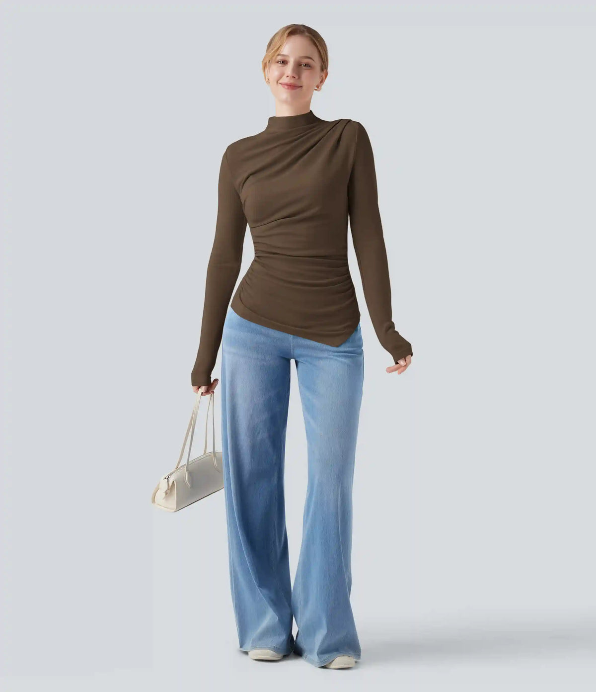 Mock-neck Long Sleeve Ruched Asymmetric Hem Thermal Casual Top