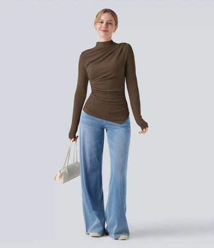 Mock-neck Long Sleeve Ruched Asymmetric Hem Thermal Casual Top