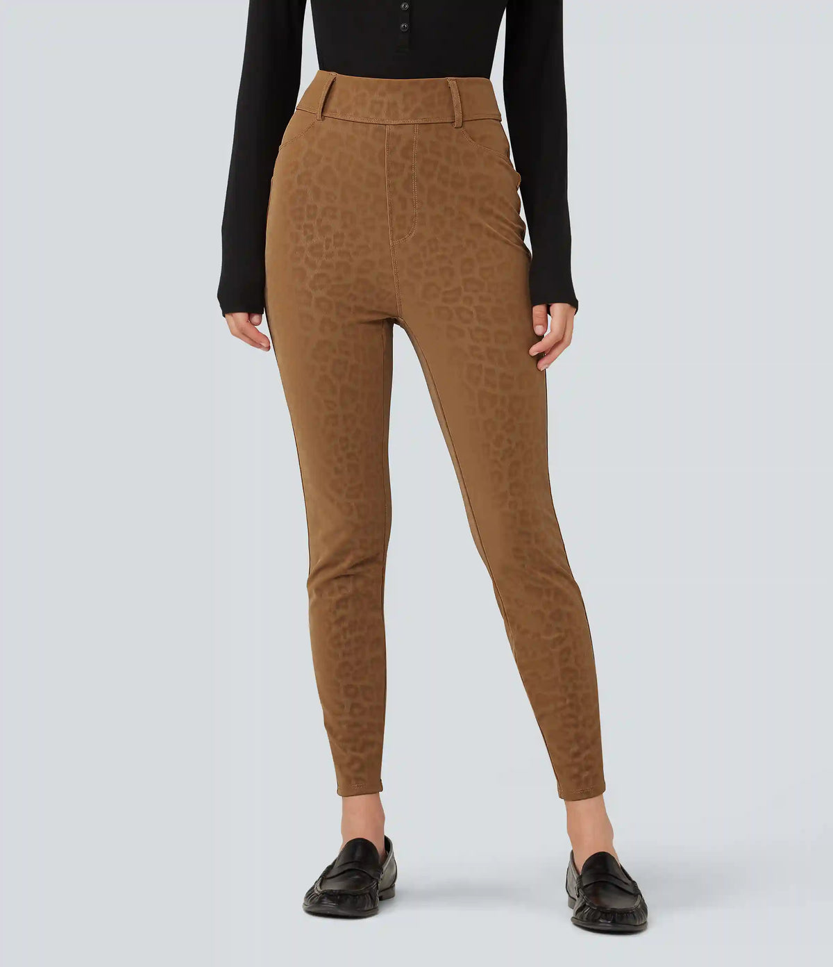 High Waisted Stretchy PU Leopard Print Fleece Casual Leggings with Pockets