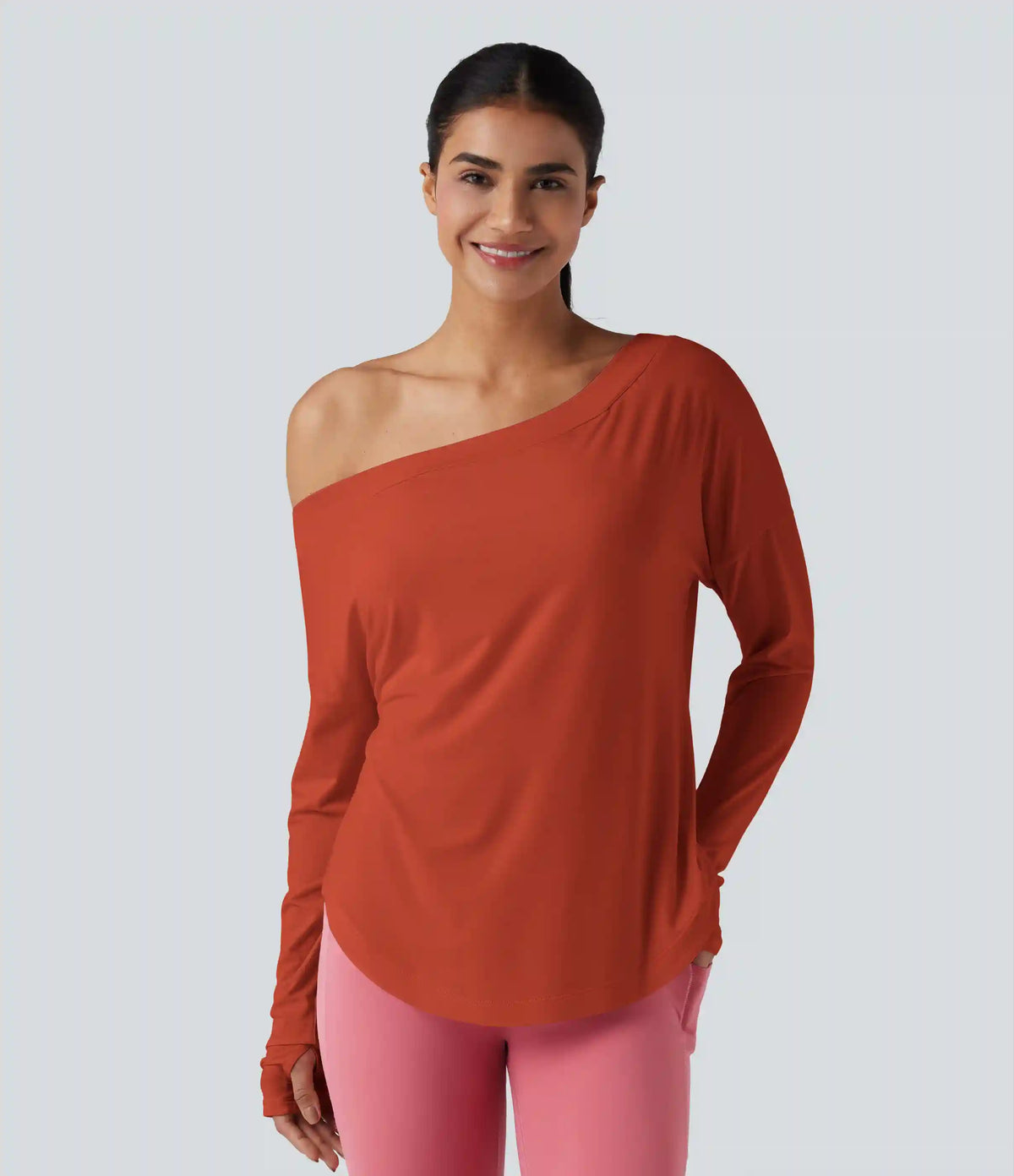 One Shoulder Long Sleeve Thumb Hole Curved Hem High Low Quick Dry Yoga Sports Top-Built-in Bra