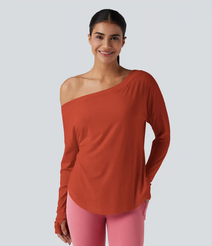 One Shoulder Long Sleeve Thumb Hole Curved Hem High Low Quick Dry Yoga Sports Top-Built-in Bra