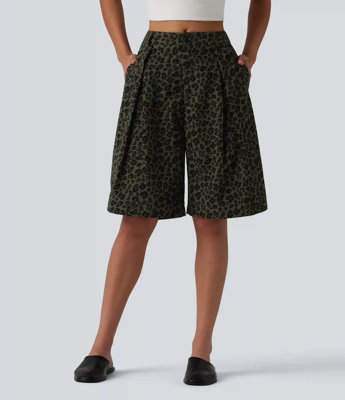 Mid Rise Leopard Print Casual Baggy Bermuda Shorts 10'' with Pockets