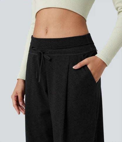 Foldover High Waisted Draswtring Quick Dry Heathered Casual Wide-leg Pants with Pockets