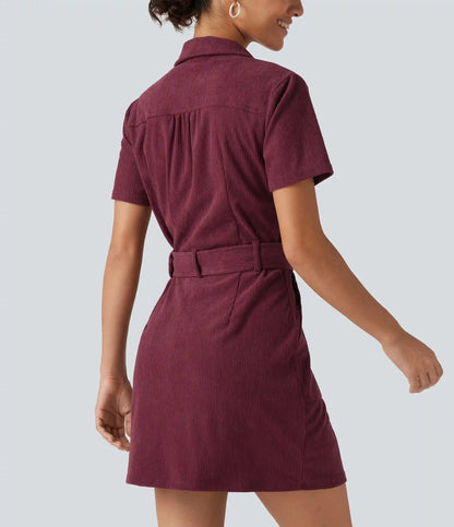 Short Sleeve Belted Corduroy Mini Casual Dress with Pockets