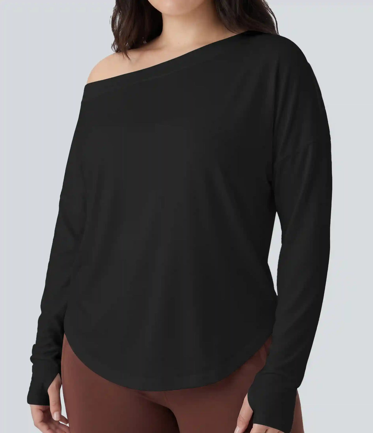 Plus Size One Shoulder Long Sleeve Thumb Hole Curved Hem High Low Quick Dry Yoga Sports Top
