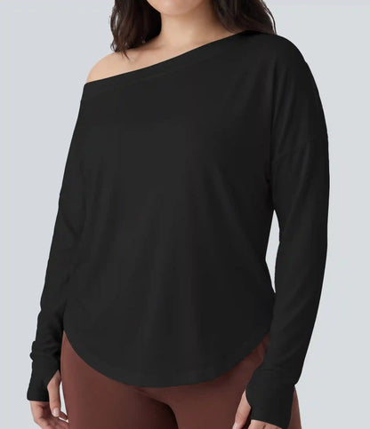 Plus Size One Shoulder Long Sleeve Thumb Hole Curved Hem High Low Quick Dry Yoga Sports Top