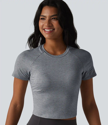 Round Neck Short Sleeve Built-in Bra Yoga Sports Top
