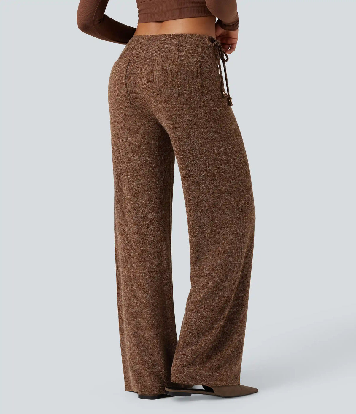 Ribbed Knit Sparkle Mid Rise Drawstring Wide Leg Casual Pants with Pockets