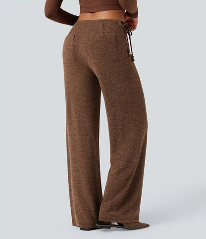 Ribbed Knit Sparkle Mid Rise Drawstring Wide Leg Casual Pants with Pockets