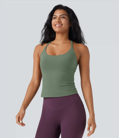 Scoop Neck Crisscross Back Crossover Hem Yoga Cami Top