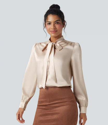 Tie Front Long Sleeve Satin Work Shirt
