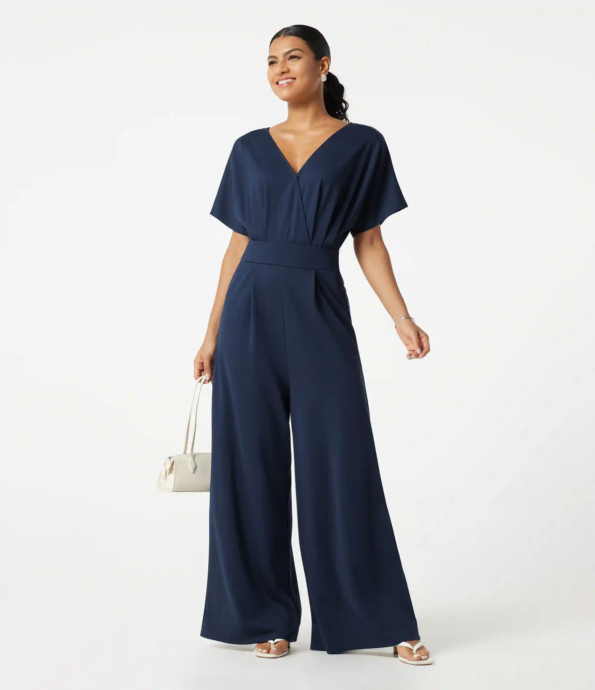 V Neck Short Sleeve Ruched Wide Leg Casual Jumpsuit with Pockets -Easy Peezy Edition