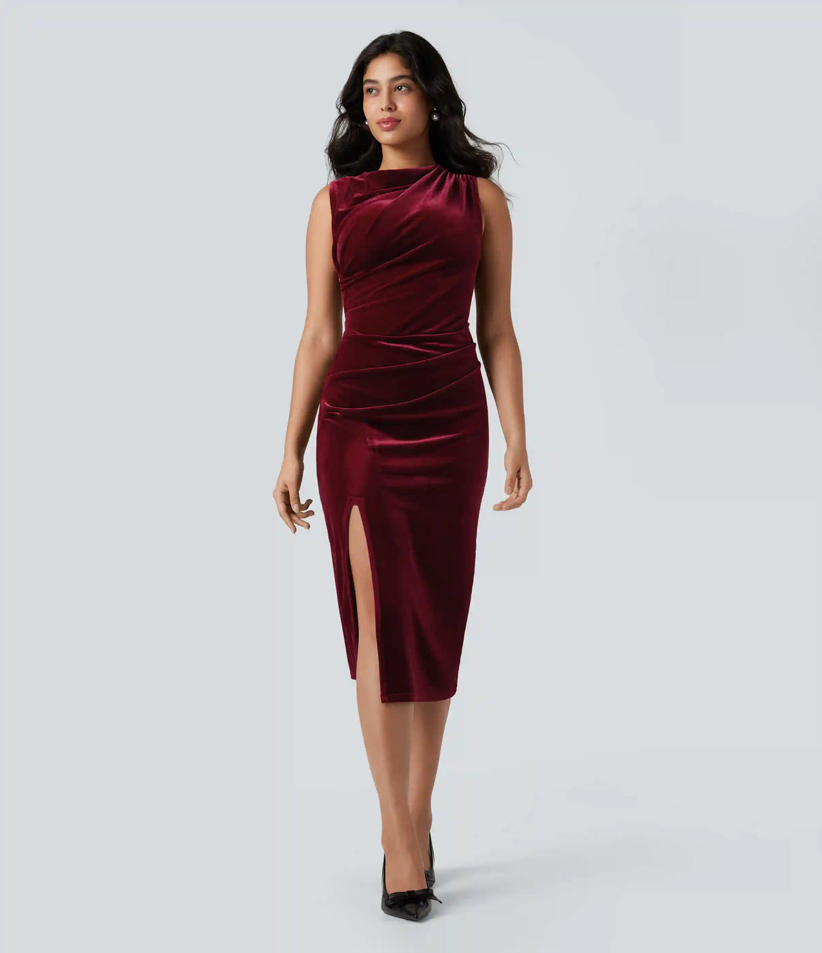 Cowl Neck Sleeveless Split Ruched Bodycon Midi Velvet Dress