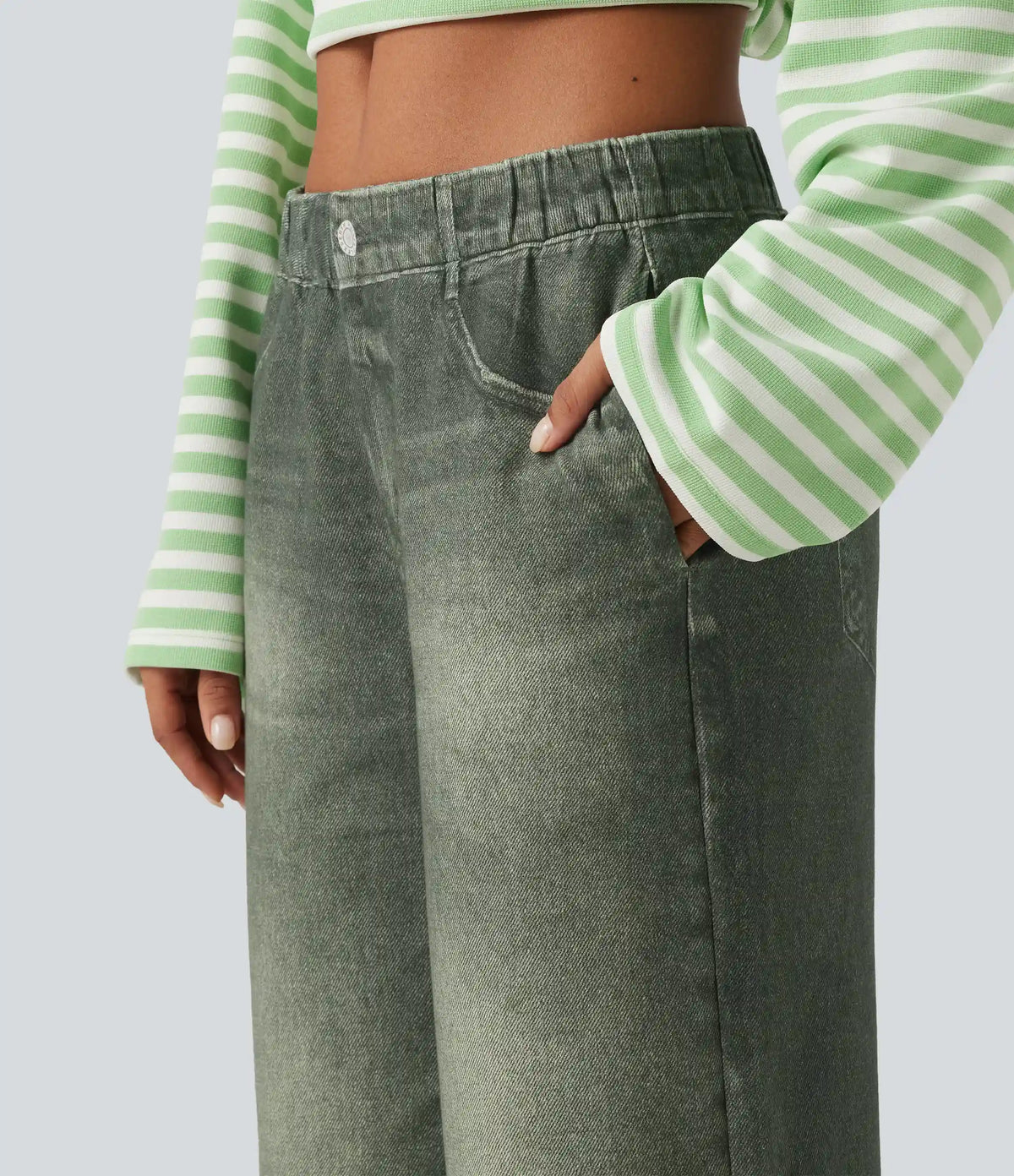 Mid Rise Wide Leg Denim Print French Terry Casual Jeans with Pockets