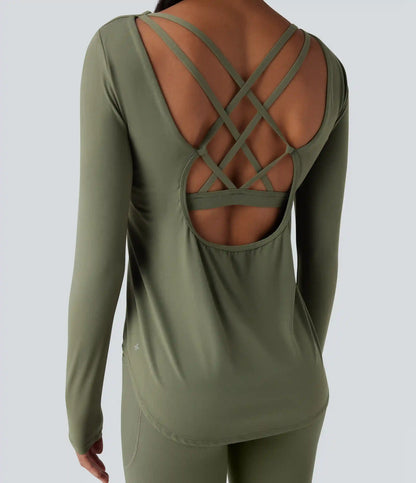 Halara UltraSculpt™ Crisscross Backless Long Sleeve Curved Hem Training Sports Top