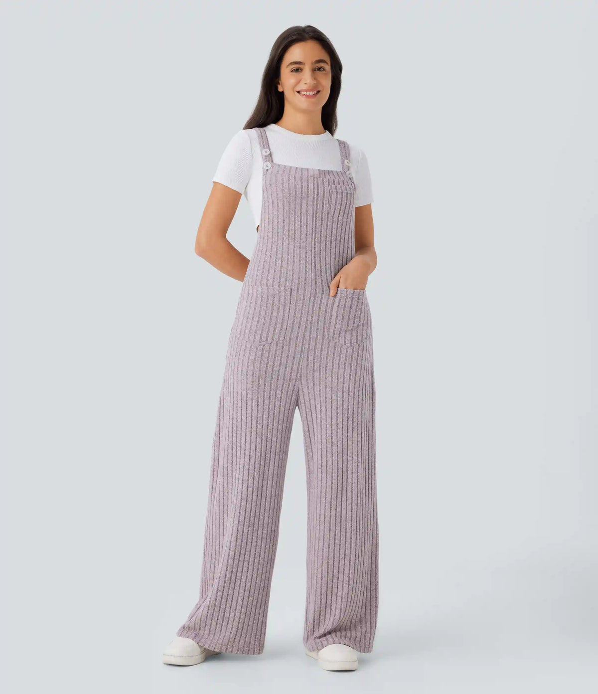 Ribbed Knit Pockets Casual Overalls