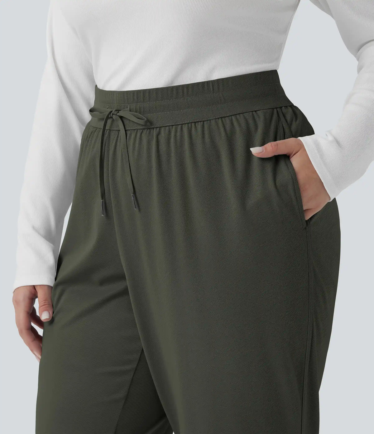 Plus Size Mid Rise Drawstring Curved Hem Quick Dry Golf Tapered Pants with Pockets-UPF40+