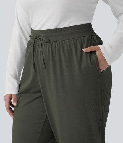 Plus Size Mid Rise Drawstring Curved Hem Quick Dry Golf Tapered Pants with Pockets-UPF40+