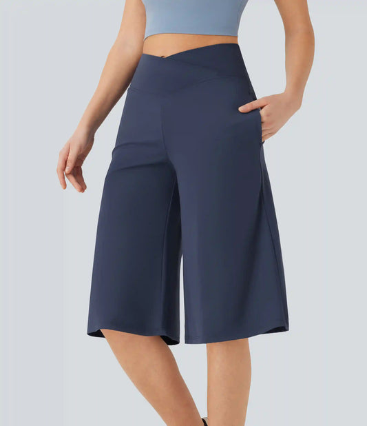 SoftlyZero™ Airy Crossover High Waisted Wide Leg InstantCool Yoga Pedal Pusher Pants with Pockets