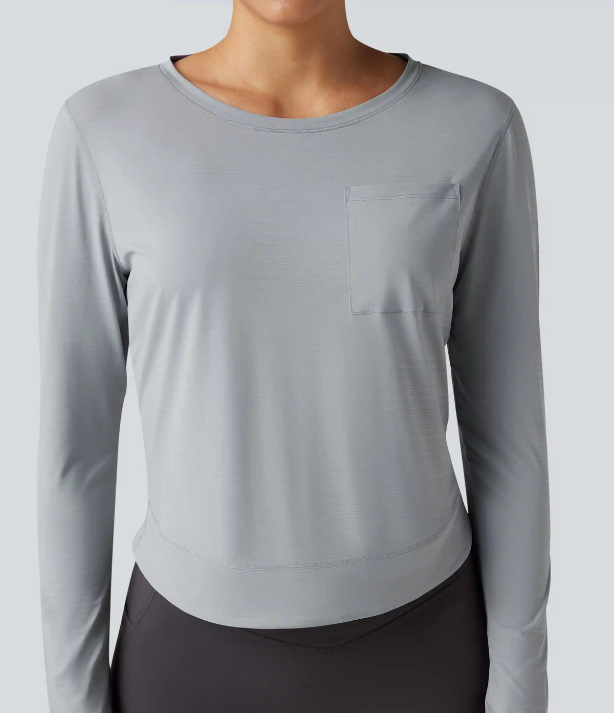 Round Neck Long Sleeve Pleated Yoga Sports Top with Pocket