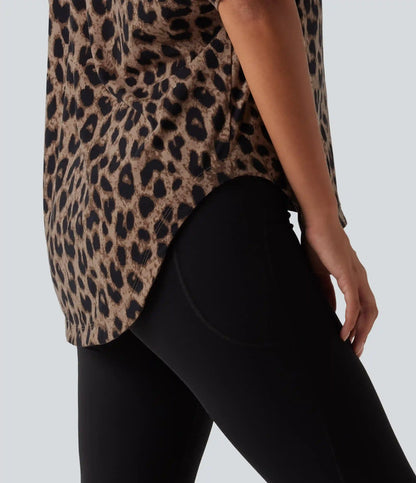 One Shoulder Short Sleeve Leopard Print Built-in Bra Curved Hem High Low Yoga Sports Top