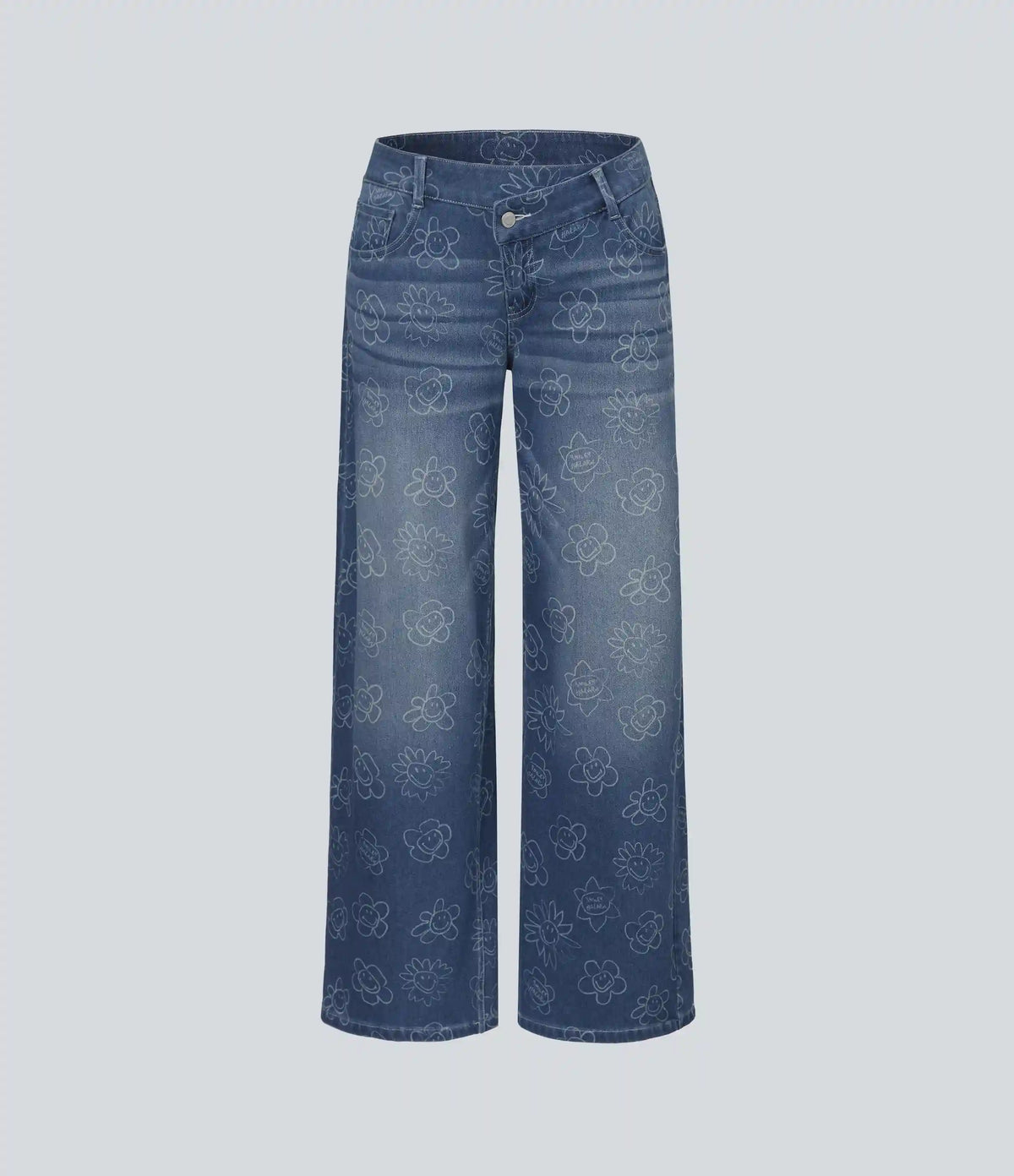 Halara X Smiley® Halara Flex™ Asymmetric Low Rise Baggy Wide Leg Washed Casual Jeans with Pockets