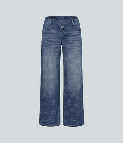 Halara X Smiley® Halara Flex™ Asymmetric Low Rise Baggy Wide Leg Washed Casual Jeans with Pockets